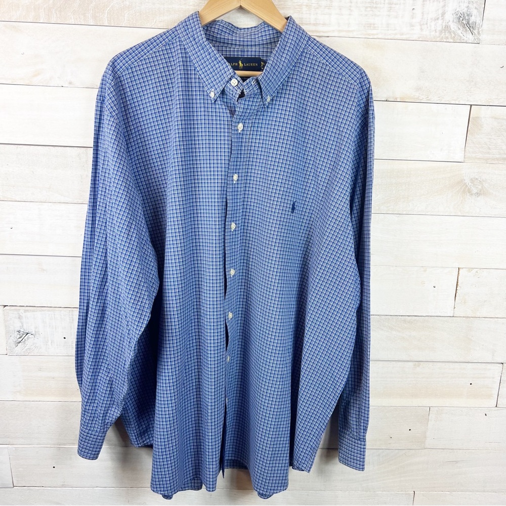 Ralph Lauren Classic Fit Mens Button Down Shirt Size 3XB Blue Plaid Long Sleeve